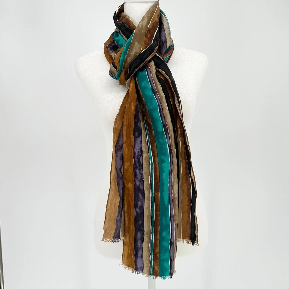 Vintage New STU Silk Fringe Scarf Wrap Stole Gold Teal Stripes 42 x 10